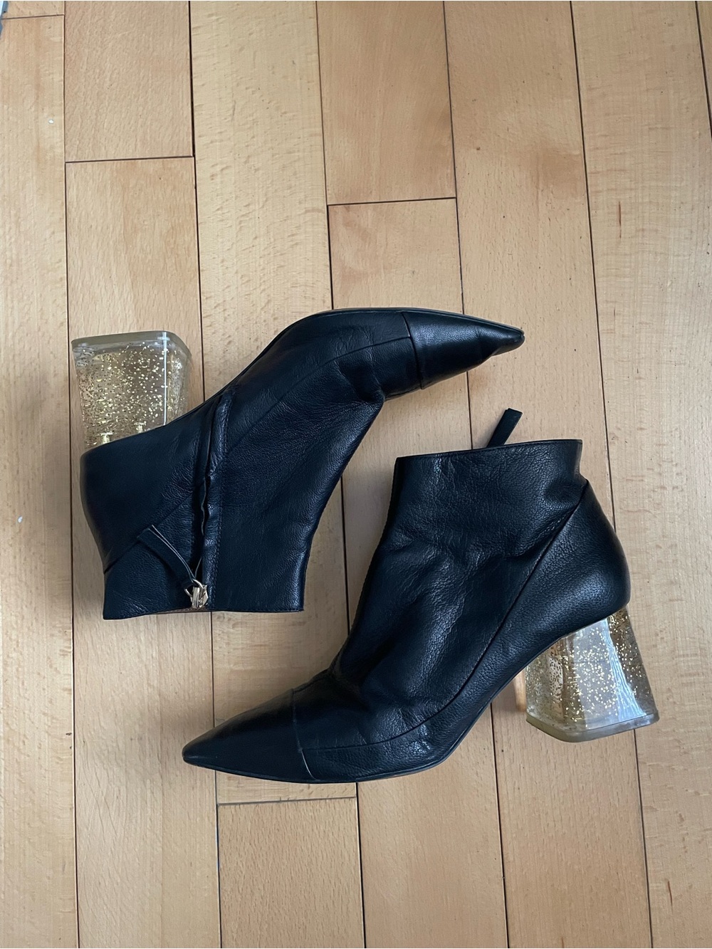 Zara genuine leather Black Ankle Boots with Glitter Block Heel